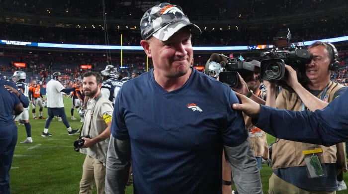 Aug 13, 2022; Denver, Colorado, USA; Denver Broncos head coach Nathaniel Hackett following the preseason game against the Dallas Cowboys at Empower Field at Mile High.